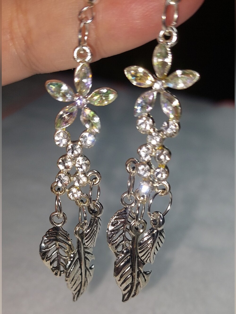 Vintage Silver Crystal Flower & Leaf Drop Earrings 925